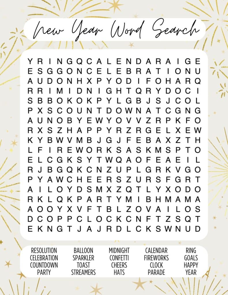 New Year’s word search puzzle with celebratory gold and silver fireworks in the background.