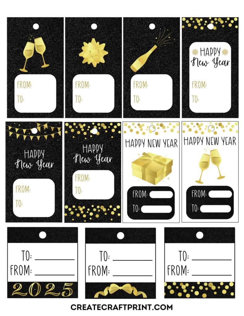 Printable New Year gift tags in black and gold themes, including designs with champagne glasses, gift boxes, bows, and '2025' text, with 'To' and 'From' sections for personalization.