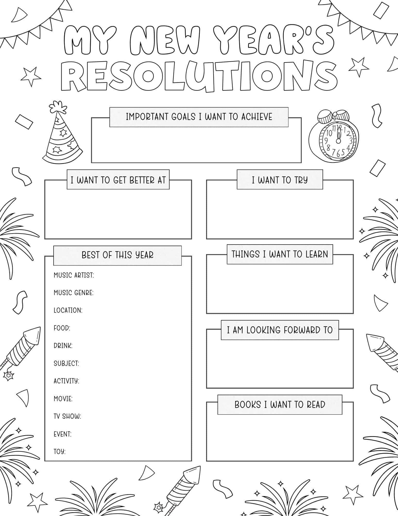 Free printable New Year’s resolution worksheet and coloring page for kids featuring sections for goals, favorite memories, and self-improvement, with festive New Year’s illustrations like fireworks, party hats, and a clock.