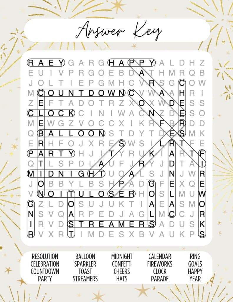 Answer key for the New Year’s word puzzle.