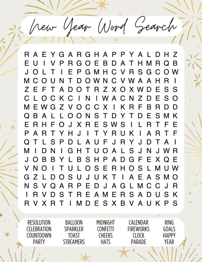 hard-level New Year’s word search puzzle with a challenging grid design, festive fireworks background.