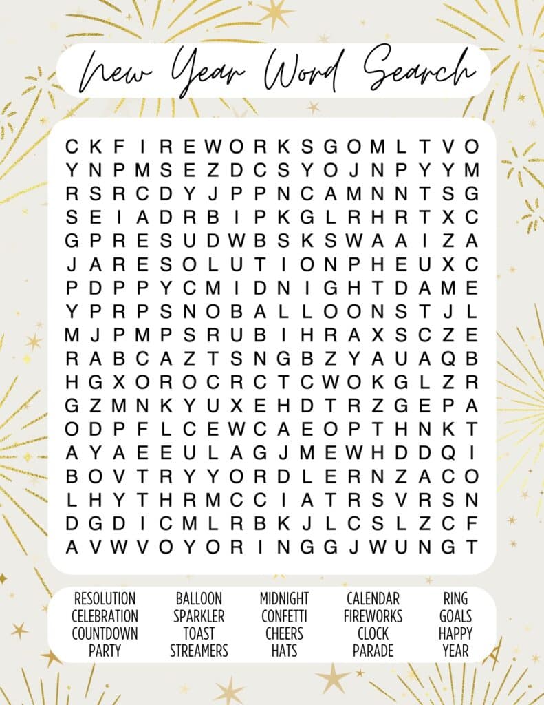 Medium-level New Year’s word search puzzle with a festive gold fireworks design.