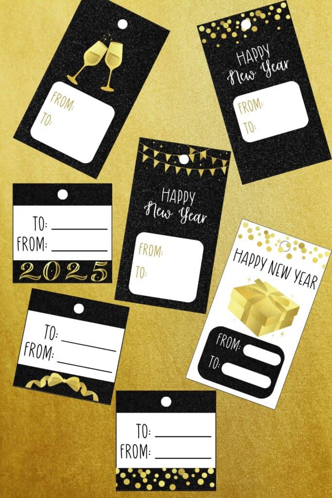 Assorted New Year's Eve gift tags featuring black and gold designs with champagne glasses, confetti, and 'Happy New Year' text, displayed on a gold background.