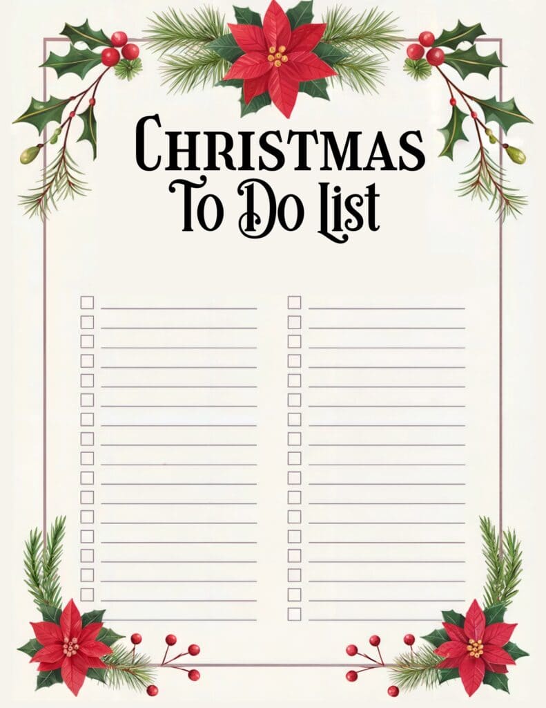 Christmas to-do list with vibrant poinsettias, holly accents, and dual columns for organizing holiday tasks.