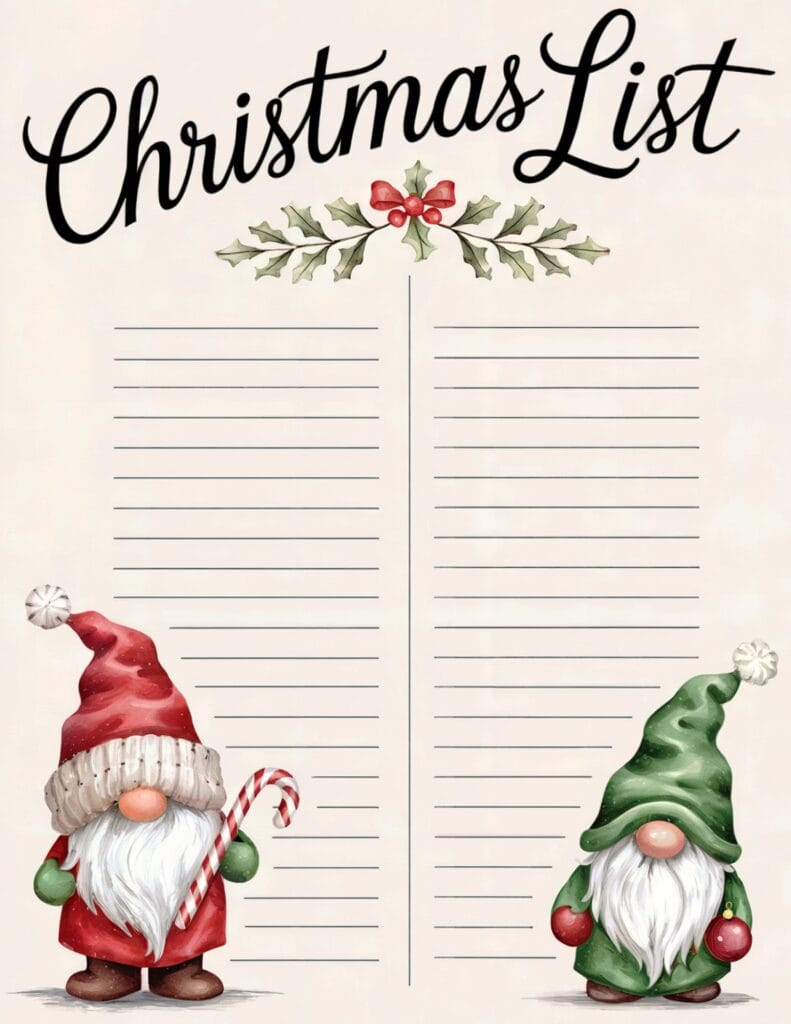  two festive gnomes holding holiday accents and a split-column layout for tasks.