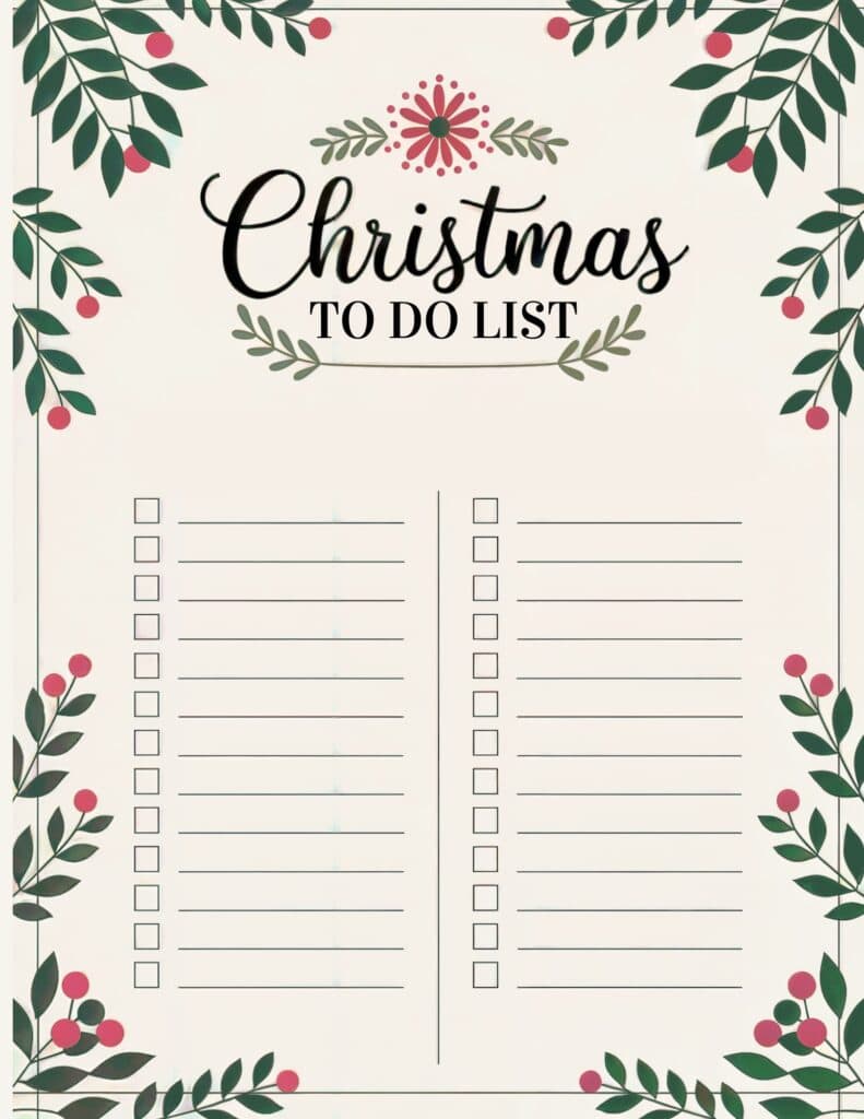 list decorated with greenery and red berries, featuring a dual-column layout for task management.