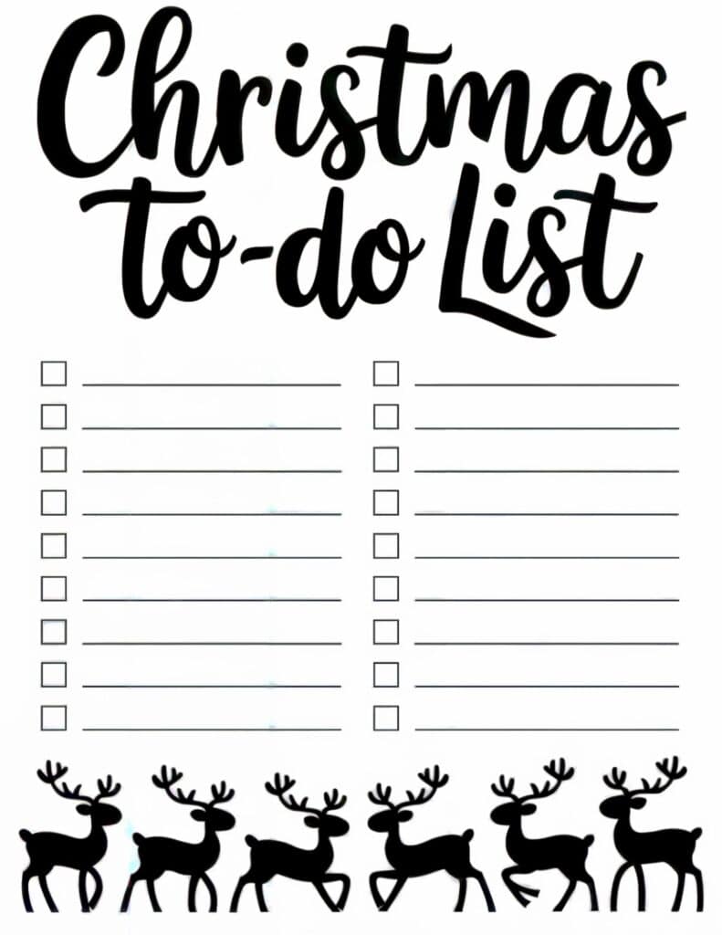 list with a row of prancing reindeer at the bottom and a clean, dual-column design.