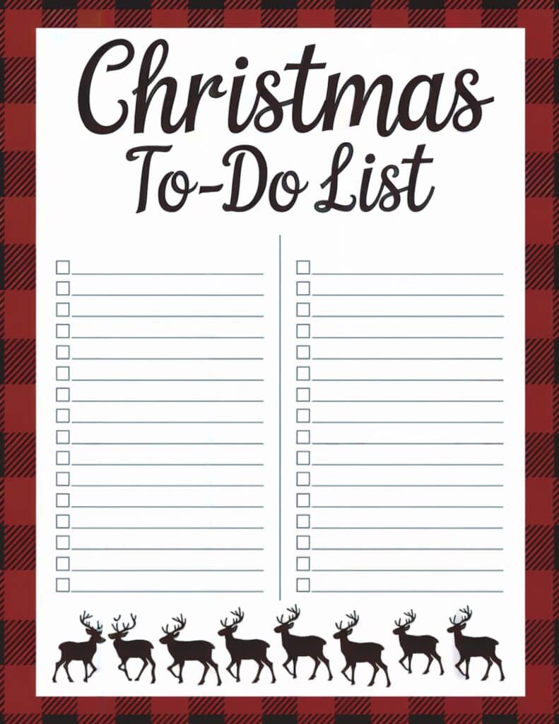 list with a row of prancing reindeer at the bottom and a clean, dual-column design.