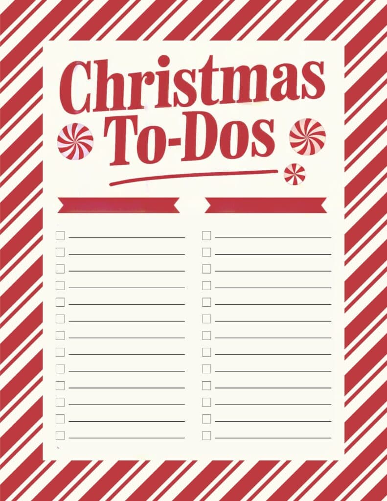  Red-and-white candy cane stripes list with a cheerful holiday header.