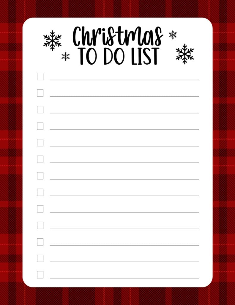 black snowflakes on a red buffalo plaid background and a single-column layout.