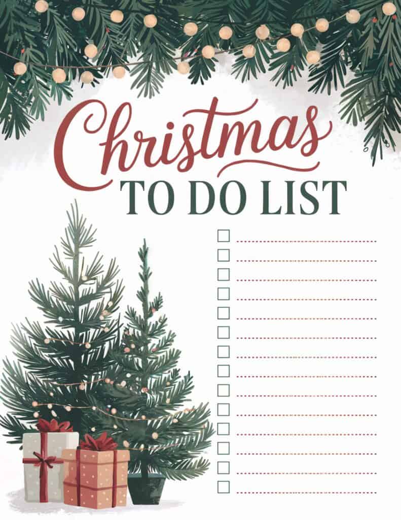 list featuring evergreen trees, string lights, and dotted lines for task organization.