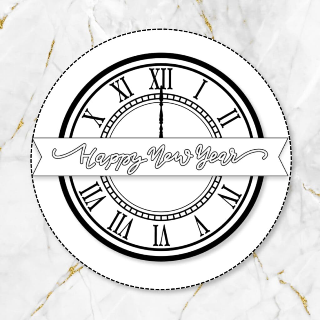 New Year’s clock coloring page.