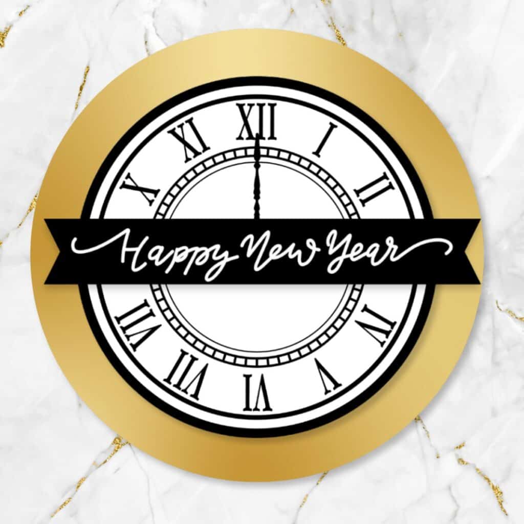 A New Year’s clock craft template with a gold circular background, Roman numerals, and a black ‘Happy New Year’ banner, perfect for a festive celebration.