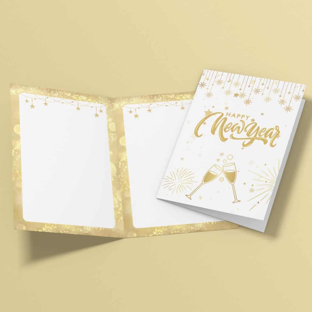 Mockup of a folded Happy New Year’s card featuring a gold and white design with festive elements like champagne flutes, fireworks, and star garlands, showcasing both the front cover and interior layout.