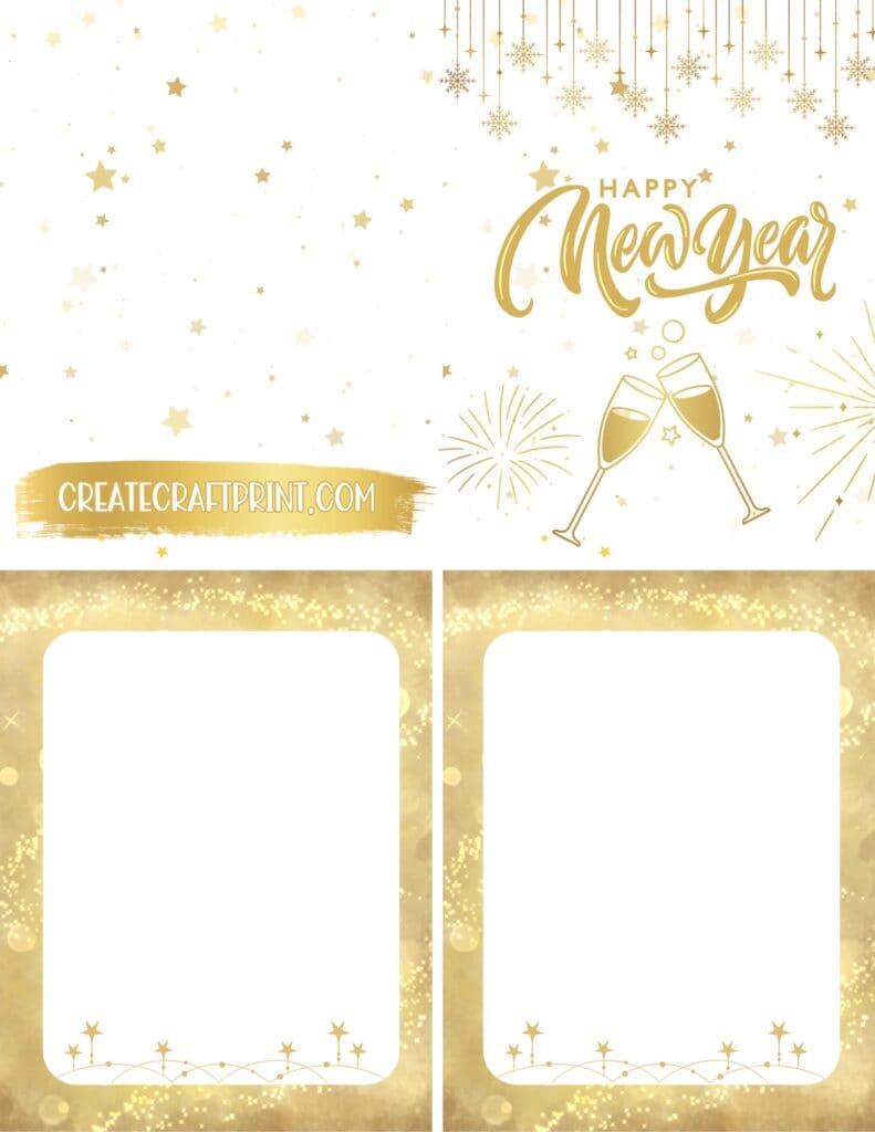 Printable Happy New Year’s card design with a gold and white theme featuring festive champagne glasses, fireworks, stars, and snowflakes on the front, and gold-bordered blank interior sections adorned with star garlands for personalized messages.