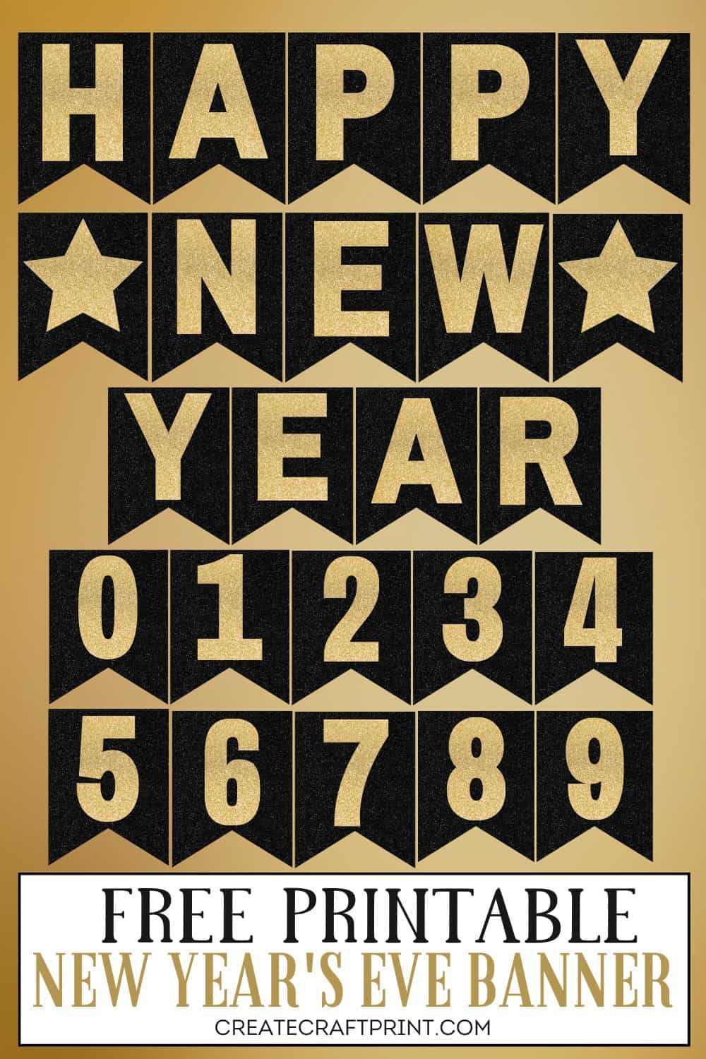 Free Printable New Year’s Eve Banner with numbers included on gold background