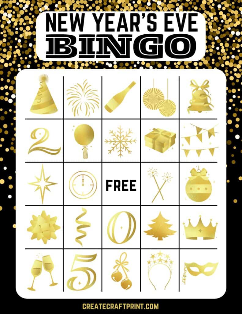 bingo cards featuring gold and black festive designs with icons like fireworks, champagne glasses, party hats, and balloons.