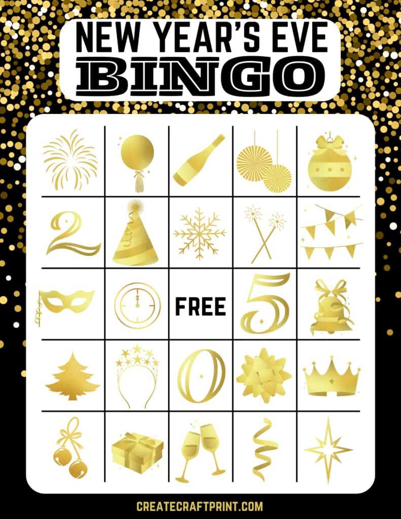 Free printable New Year's Eve bingo cards featuring gold and black festive designs with icons like fireworks, champagne glasses, party hats, and balloons.