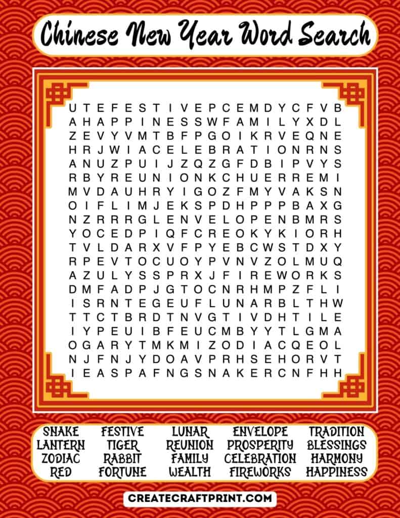  A colorful Chinese New Year word search puzzle with themed words like lantern, red, and tiger. Designed for easy difficulty.