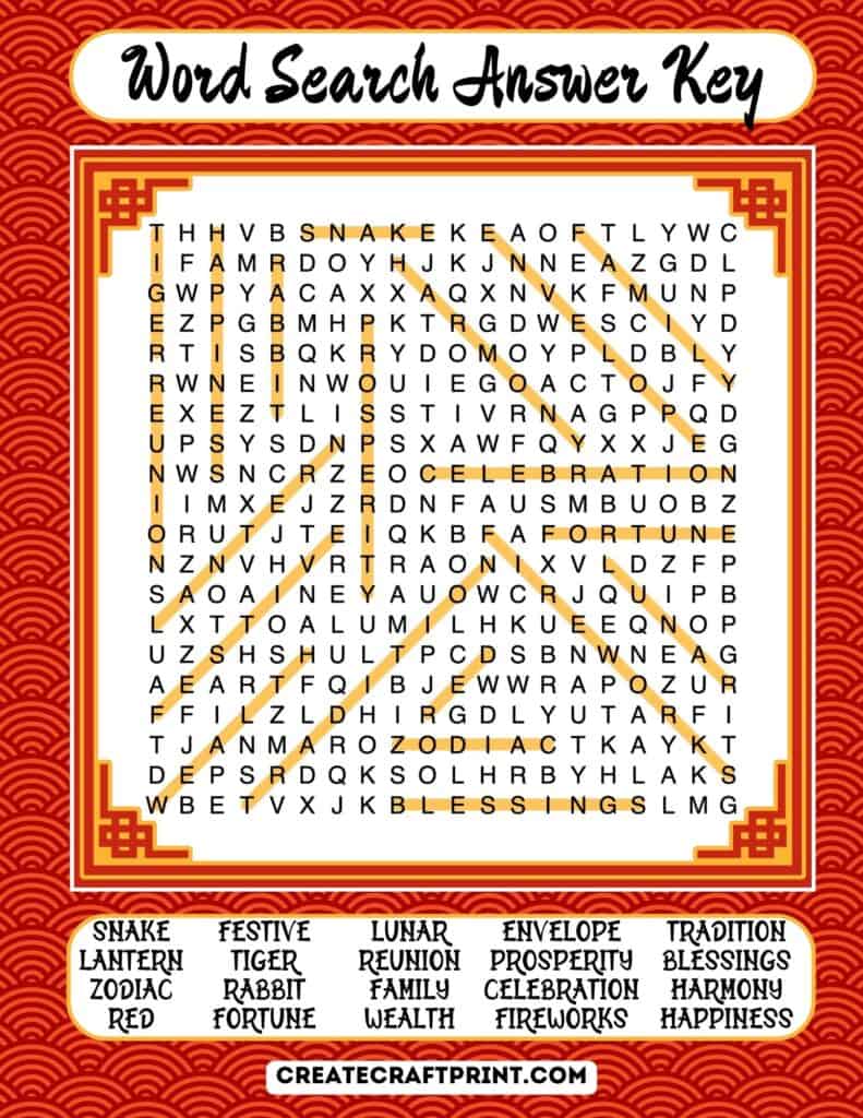  The answer key for the medium-level Chinese New Year word search game, showing the location of all the words.