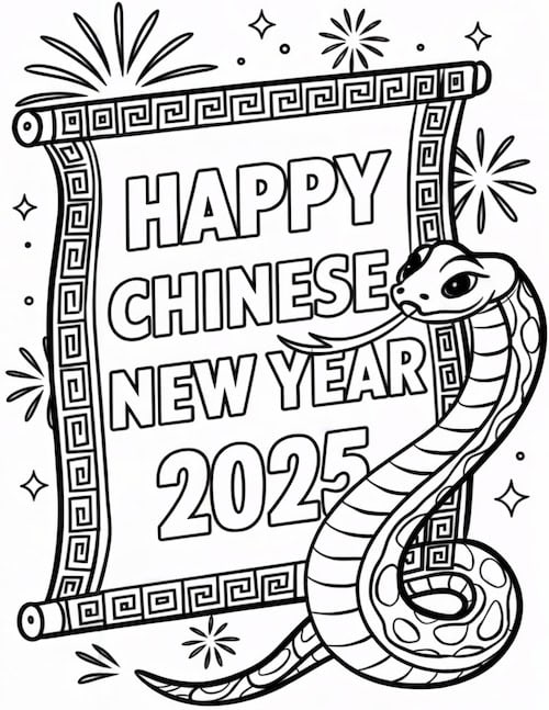 A Happy Chinese New Year 2025 coloring page featuring a decorative scroll, bold text, and an elegant snake with fireworks in the background.