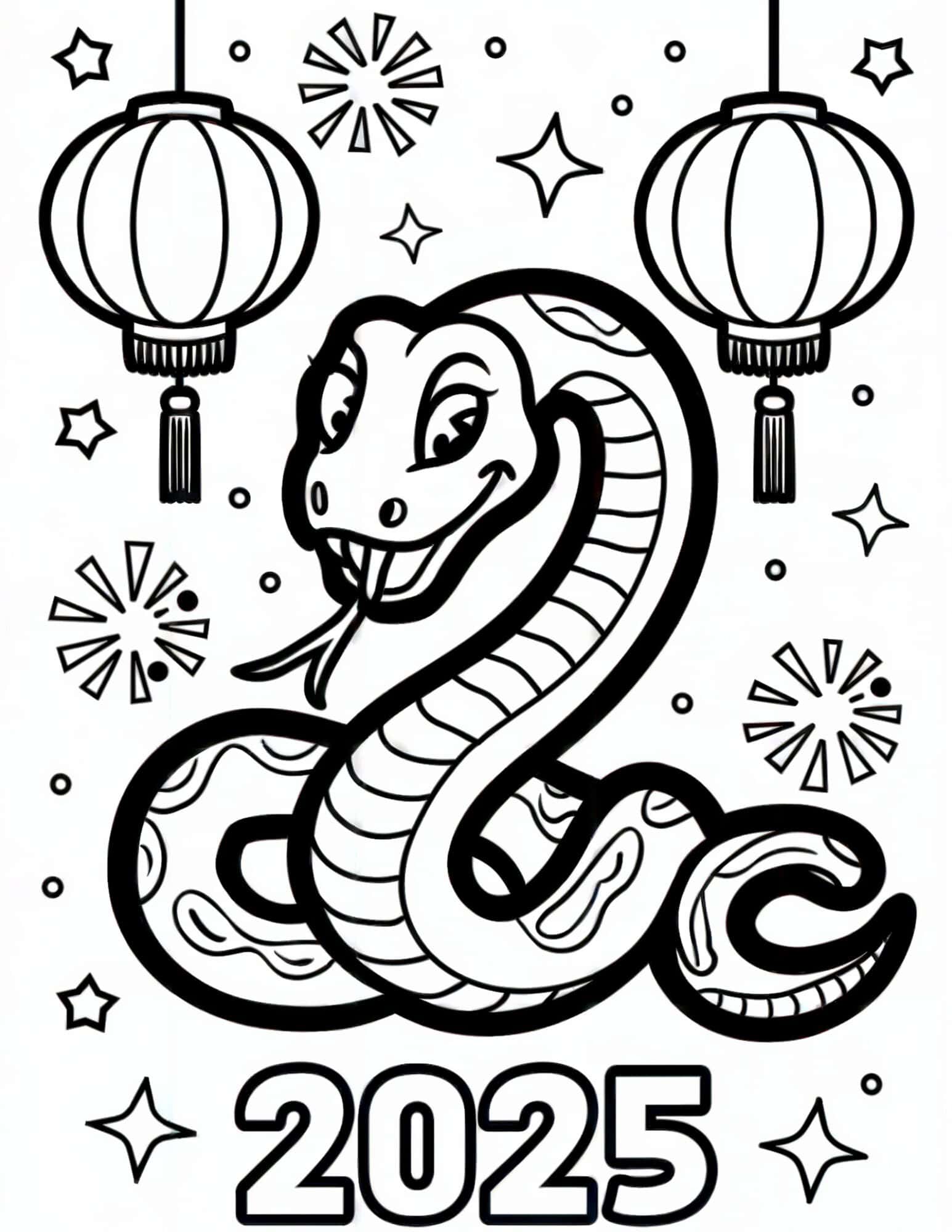 Coloring sheet showing a smiling snake surrounded by lanterns, fireworks, and stars.