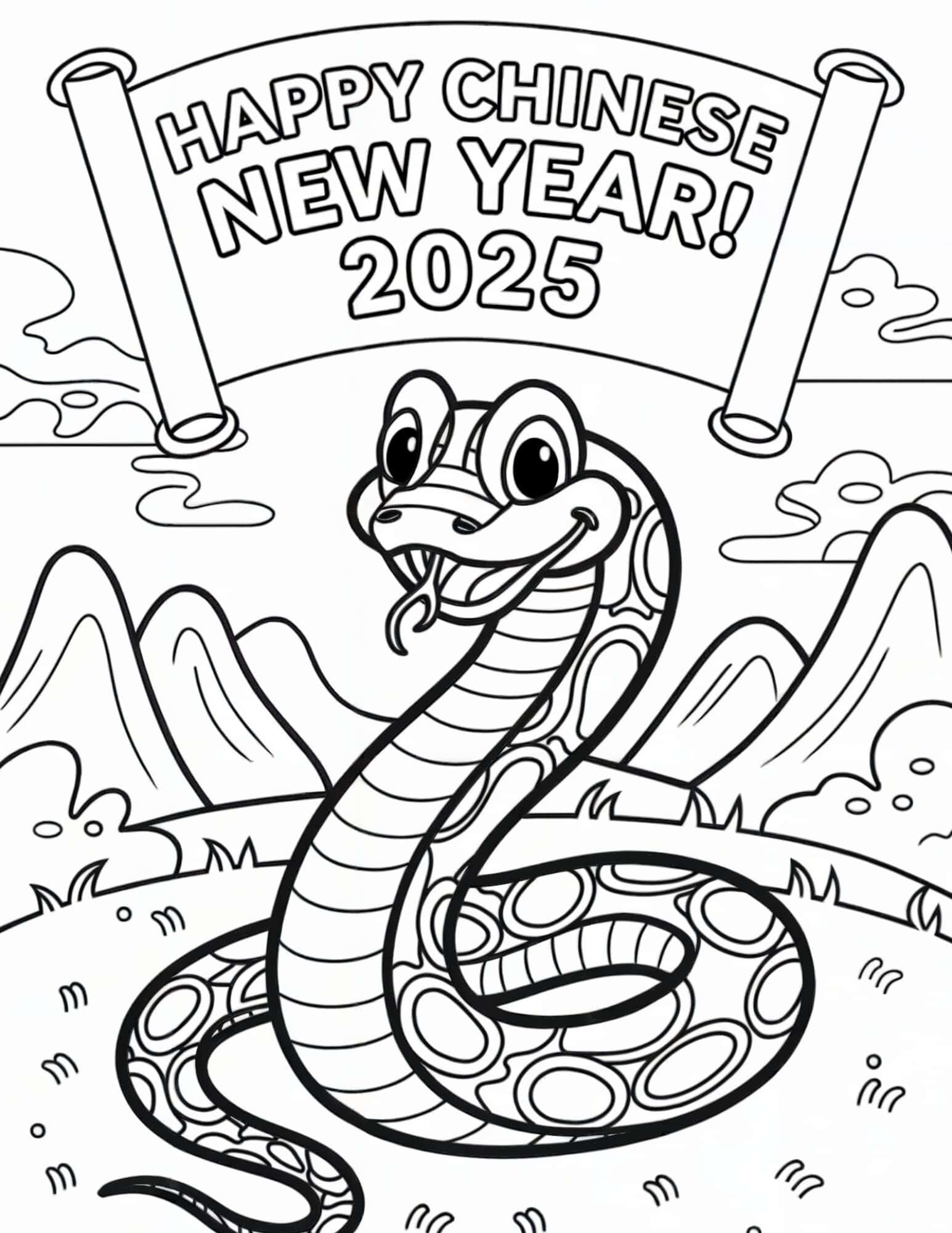 A cheerful snake in a scenic landscape with mountains, clouds, and a festive banner.