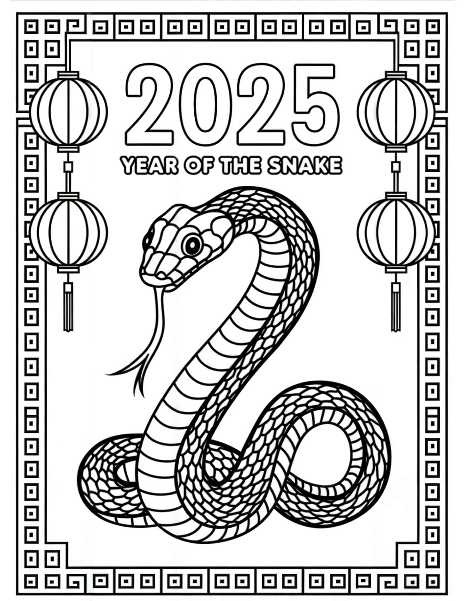 A coiled snake, lanterns, and a geometric decorative border.