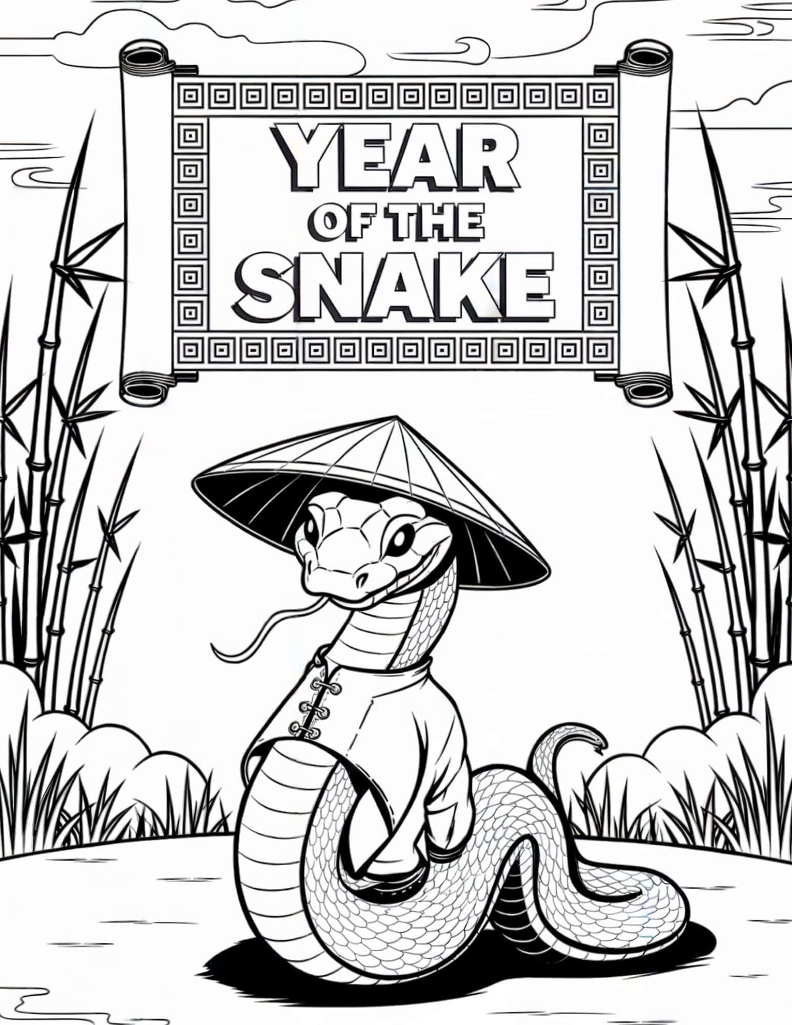 A Chinese New Year coloring page showcasing a snake in traditional Chinese clothing set in a bamboo grove under a Year of the Snake banner.