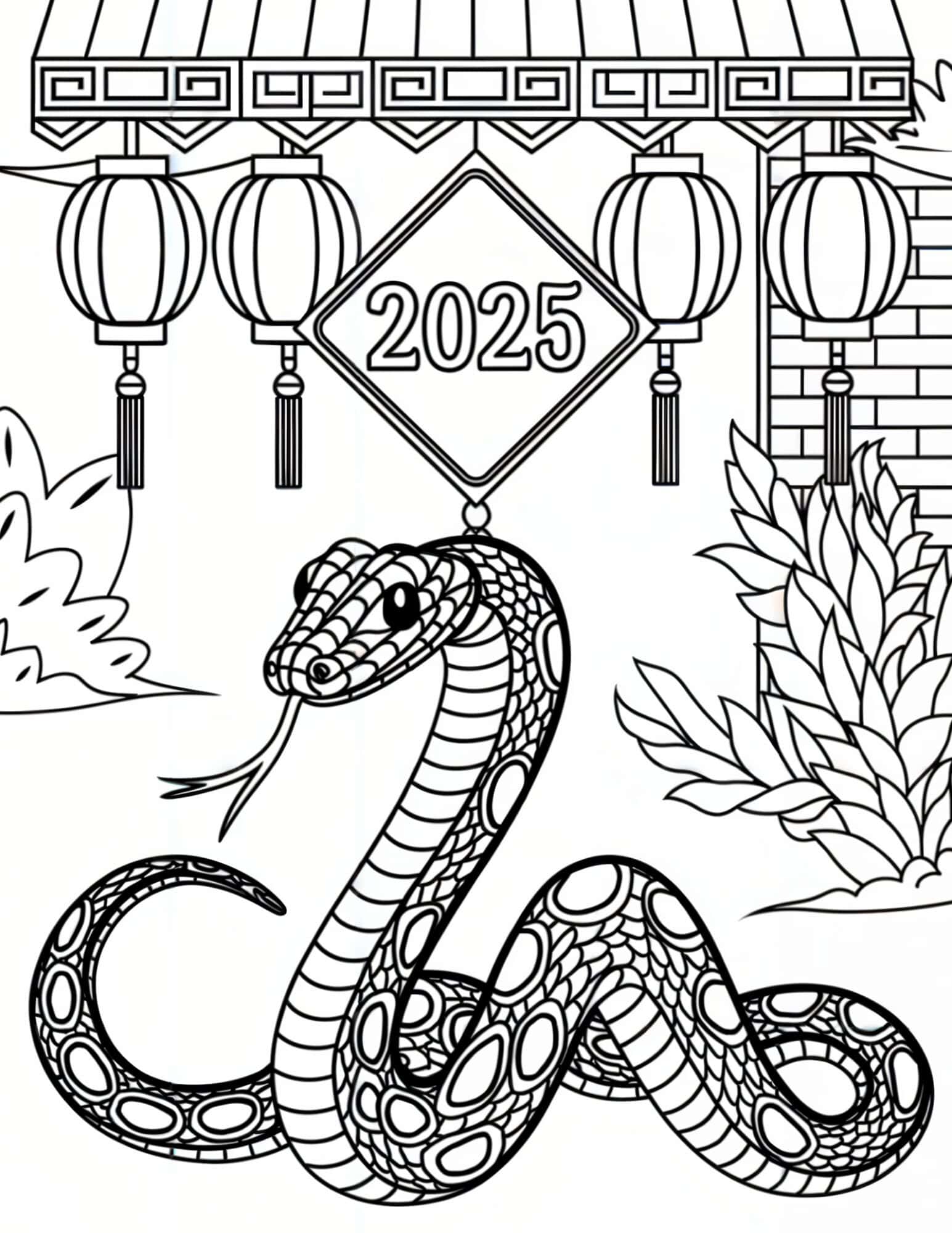 A festive Chinese New Year coloring page with a snake under a lantern pavilion and a 2025 sign surrounded by foliage.