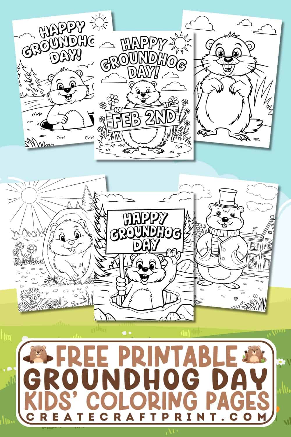 a collection of free printable Groundhog Day coloring pages for kids featuring cheerful groundhogs with signs and festive nature scenes displayed on a light blue and green background.