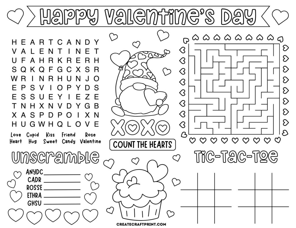 A black and white Valentine's Day placemat printable featuring a word search, a maze bordered with hearts, tic-tac-toe grids, a counting hearts game, a word scramble, and coloring sections with a gnome holding balloons and a cupcake surrounded by hearts.