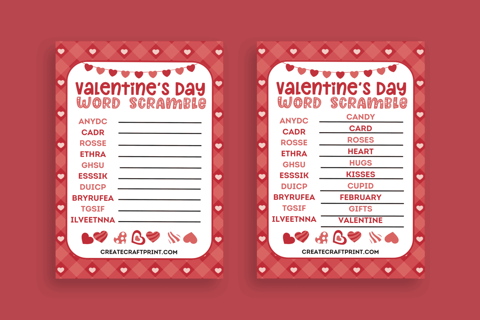 Side-by-side Valentine's Day word scramble printables showing the blank game version and the answer key with 10 themed words.