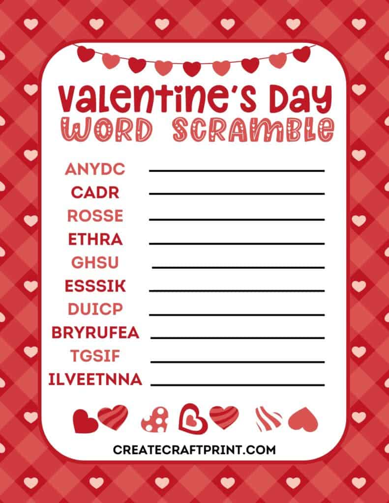 printable with 10 scrambled words and blank spaces for answers, featuring a red and heart-themed design.