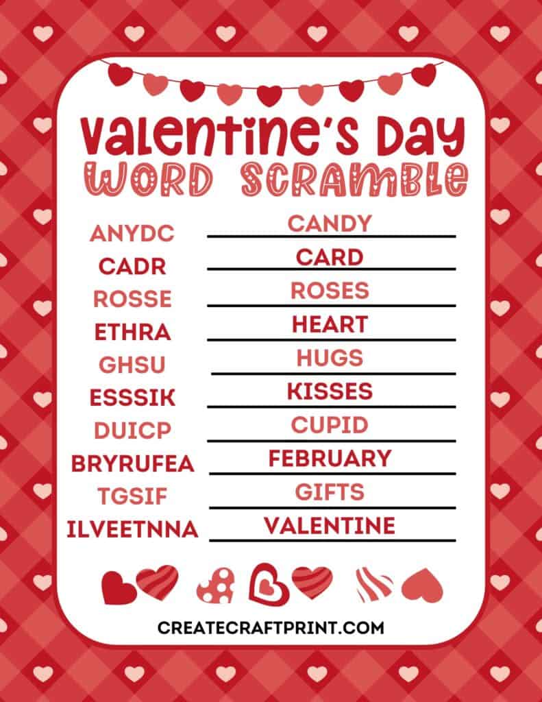 word scramble answer key showing correctly unscrambled words like 'Candy,' 'Card,' 'Roses,' and 'Heart' in a festive design