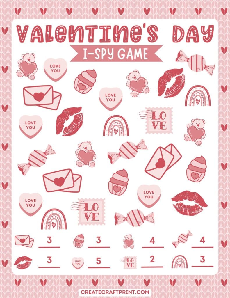 completed game featuring vibrant Valentine-themed icons and answer keys.