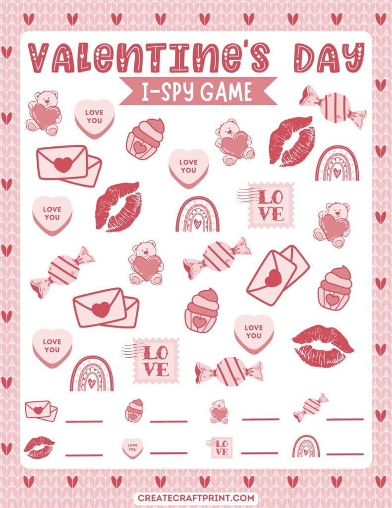 A blank version of a Valentine's Day I Spy printable game sheet with festive symbols like hearts and candy.