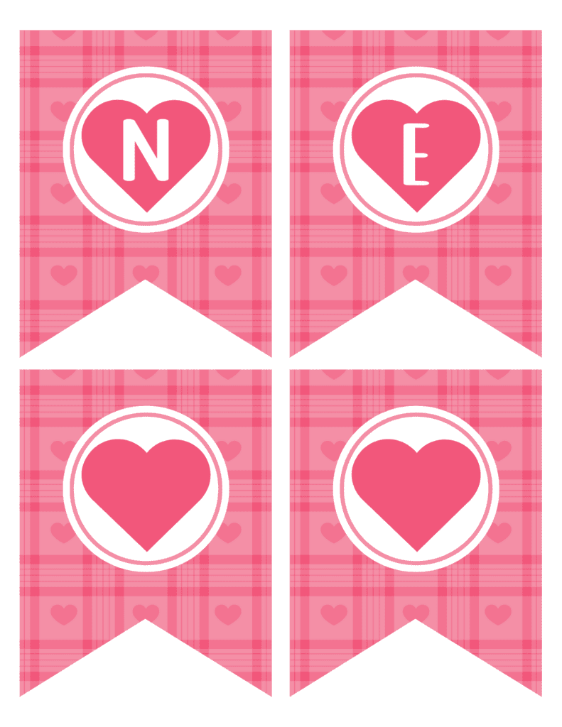 Printable Valentine's Day banner with the letters 'N' and 'E,' along with two blank heart designs on pink plaid pennants.