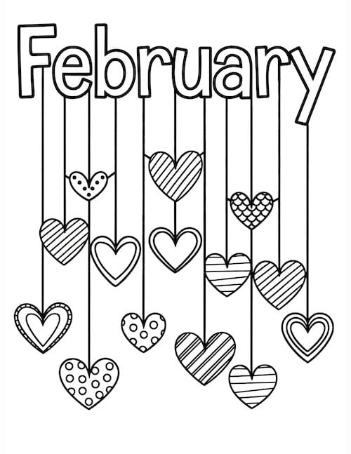 hearts coloring page with unique patterns hanging below the word February.