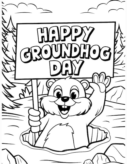 waving groundhog holding a 'Happy Groundhog Day' sign while emerging from its burrow.