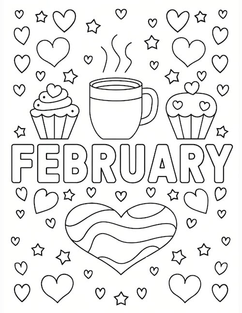 a steaming mug, cupcakes, hearts, and stars, along with the word 'February' in bold letters."