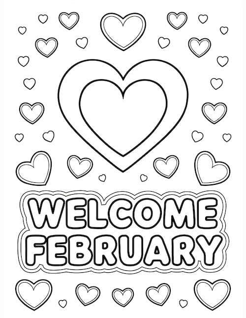 layered hearts and the words 'Welcome February' in bold, surrounded by a heart-filled background."