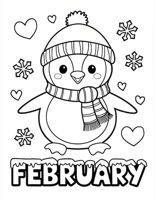 February coloring page featuring a cute penguin wearing a hat and scarf, surrounded by hearts and snowflakes