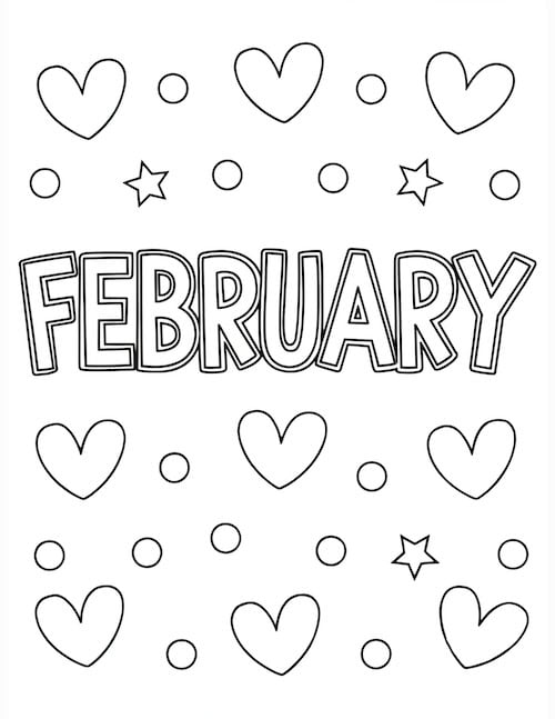 coloring page with hearts, stars, and snow surrounding the word 'February' in bold letters.