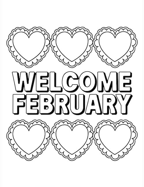 lace-style hearts above the bold phrase 'Welcome February.'