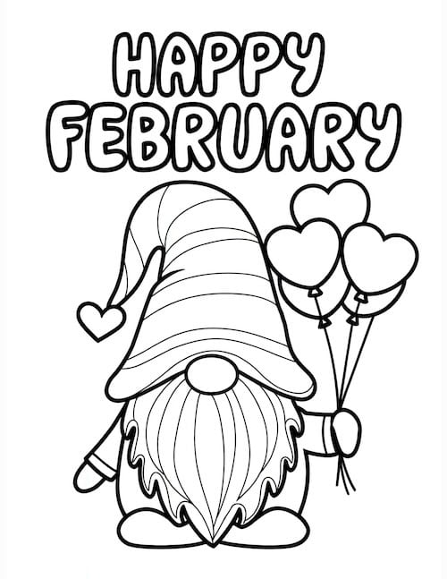 February coloring page showing a cheerful gnome holding heart-shaped balloons.