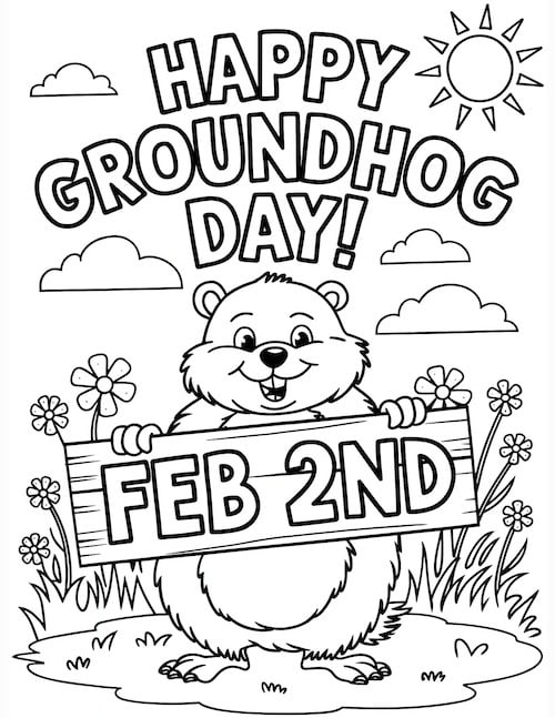 cheerful groundhog holding a sign with 'Feb 2nd' surrounded by flowers, clouds, and grass.