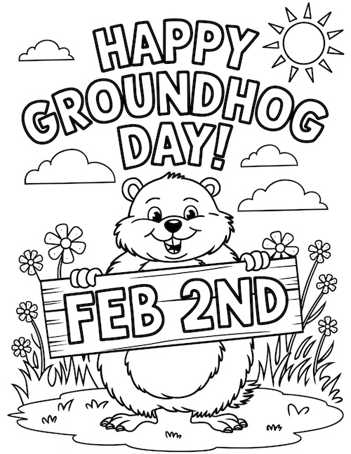 cheerful groundhog holding a sign with 'Feb 2nd' surrounded by flowers, clouds, and grass.