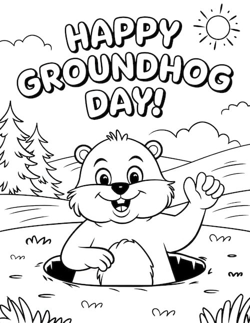  groundhog giving a thumbs up while emerging from its burrow with 'Happy Groundhog Day' text above.