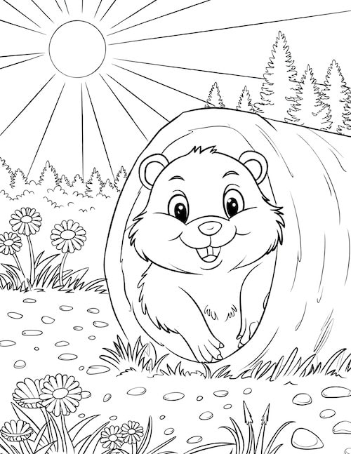 coloring page of a a groundhog peeking out of a burrow on a sunny day, surrounded by flowers and trees.